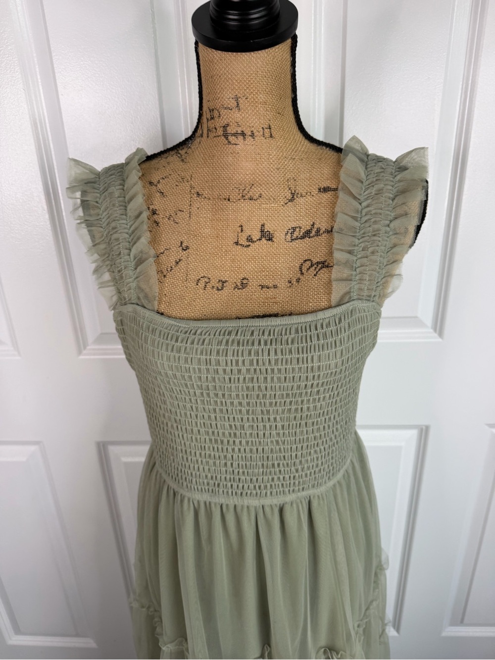 PrettyGarden Sage Green Smocked Tiered Maxi Dress Size L Ruffle Strap NWOT - Picture 4 of 11